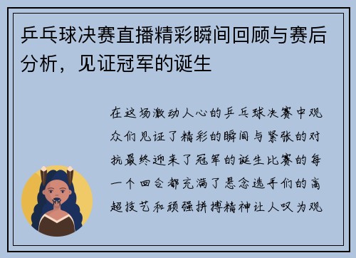 乒乓球决赛直播精彩瞬间回顾与赛后分析，见证冠军的诞生