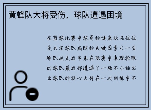 黄蜂队大将受伤，球队遭遇困境