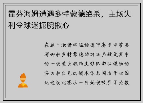霍芬海姆遭遇多特蒙德绝杀，主场失利令球迷扼腕揪心