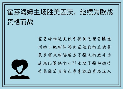 霍芬海姆主场胜美因茨，继续为欧战资格而战