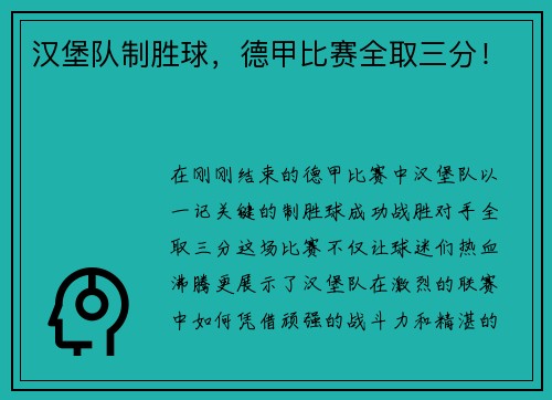 汉堡队制胜球，德甲比赛全取三分！