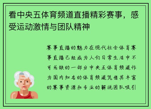 看中央五体育频道直播精彩赛事，感受运动激情与团队精神